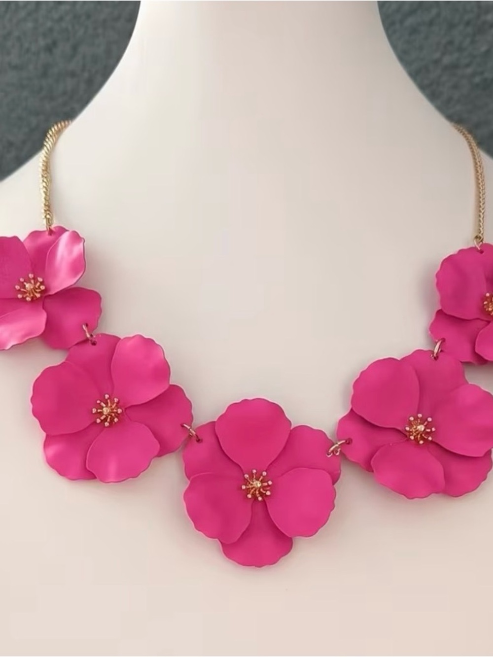 Gold-Chain Pink Floral Statement Necklace by